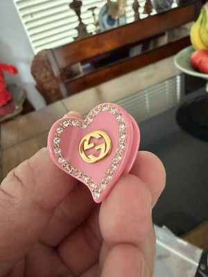 Authentic Upcycled Gucci Heart hair Clip - Metallic Copper & Gold Double heart resin hair clip in orange and blue resin  main image 4