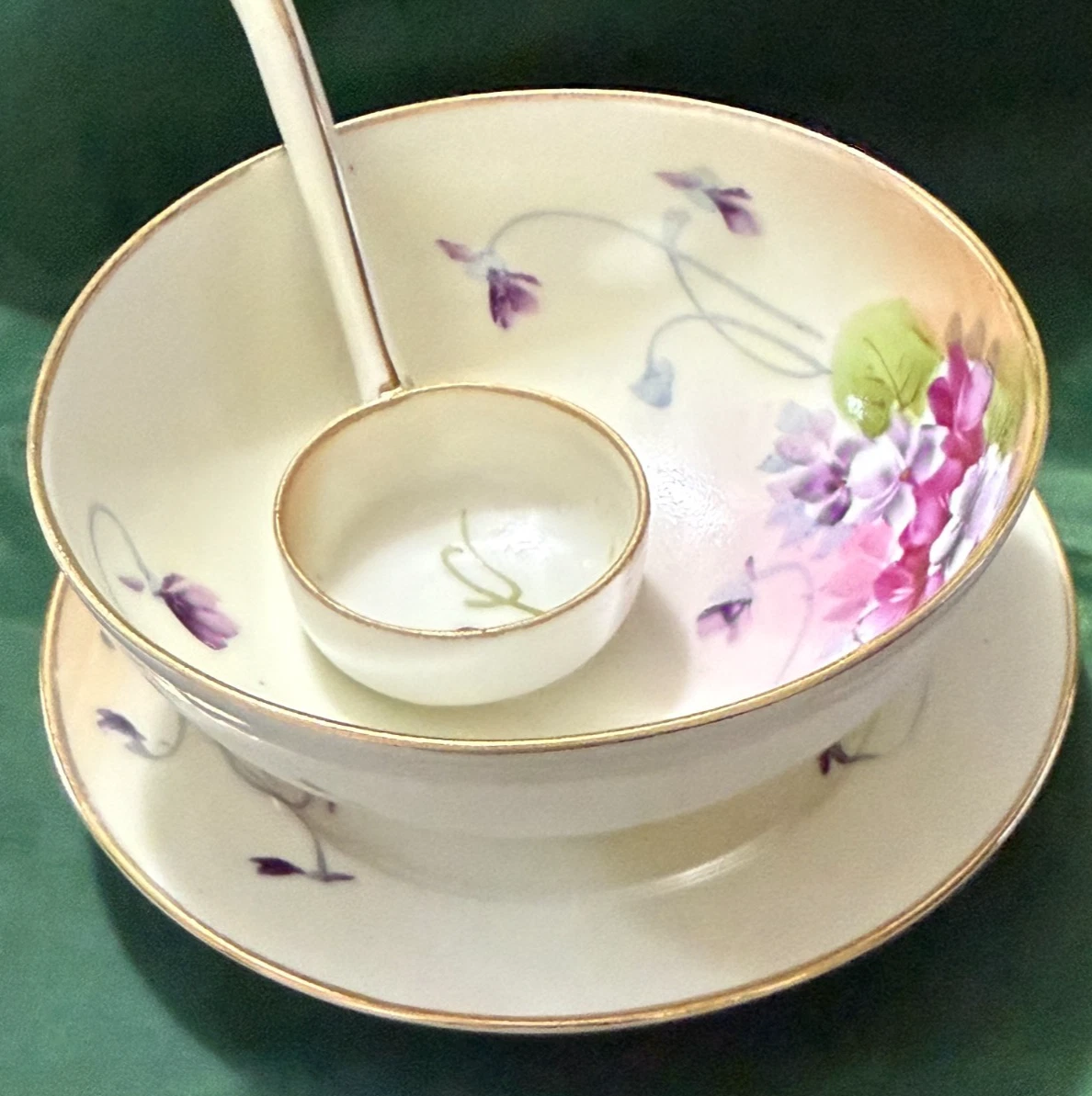Antique Hand Painted Nippon Soup/Sauce Bowl Ladle Underplate Violets Gold Trim