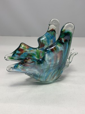 Vivid Teal Glass Butterfly Figurine Blues Red Green Swirls Translucent Wings
