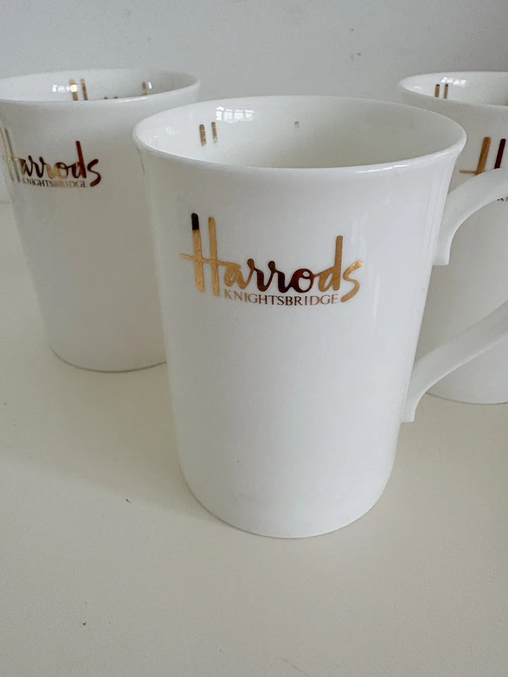 Harrods White & Gold Fine Bone China Mug London Knightsbridge Tea Coffee Cup X3 - Image 2 of 4