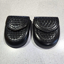 Two Safariland Model 90V Handcuff Case Black Basketweave Leather Pouch