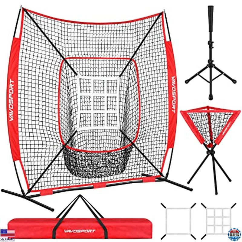 7x7' Baseball & Softball Training Net Set w/ Batting Tee, Ball Caddy, Strike