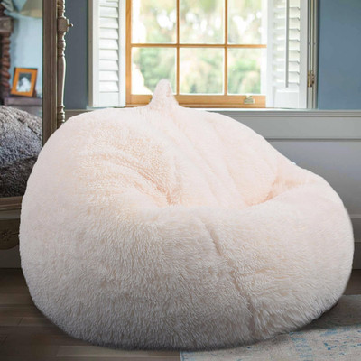 Fluffy Stuffed Animal Storage Bean Bag Cover Faux Fur Beige