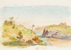 L. ROTTMANN (1812-1881) Umkreis, Gebirgslandschaft mit See Kirche, Aquarell