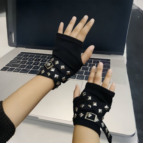 Black Rivet Strap Gloves with Buckle Straps YK Hot Girl Gloves JK Girl - Picture 4 of 8