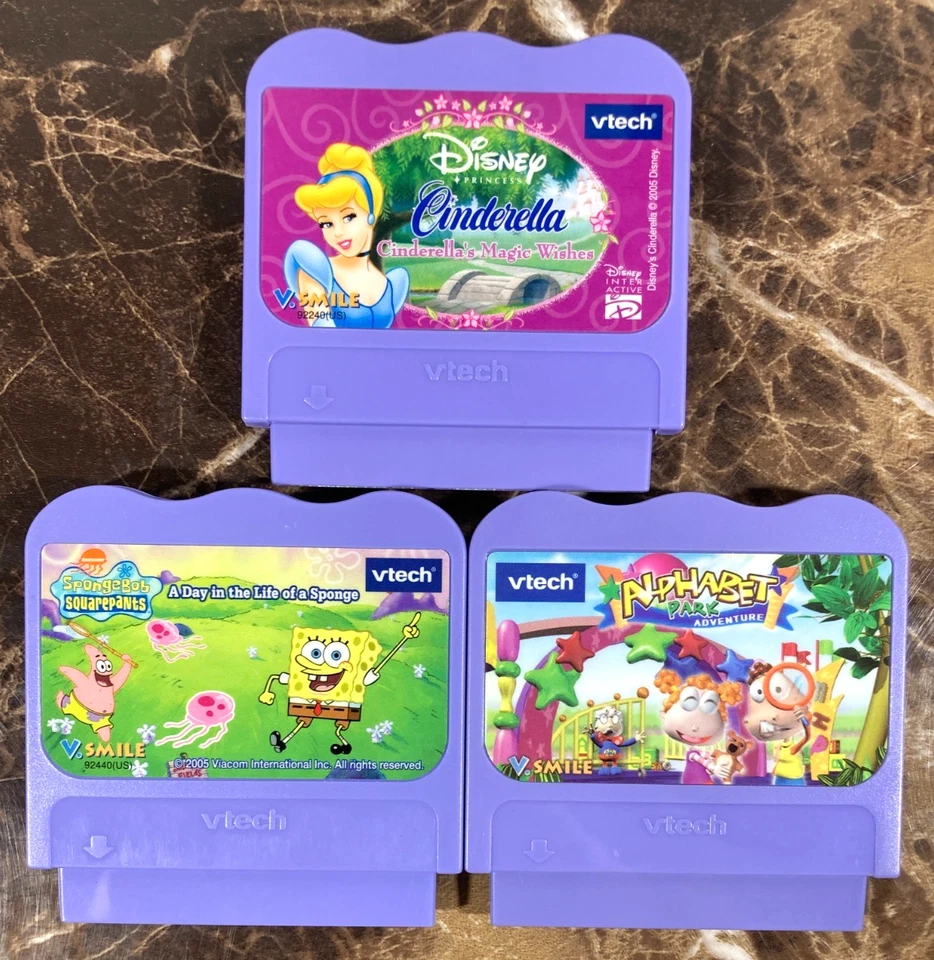 Lot of 3 V-Tech V-Smile Game Cartridges SpongeBob Cinderella Alphabet Park VTech - Image 2 of 4