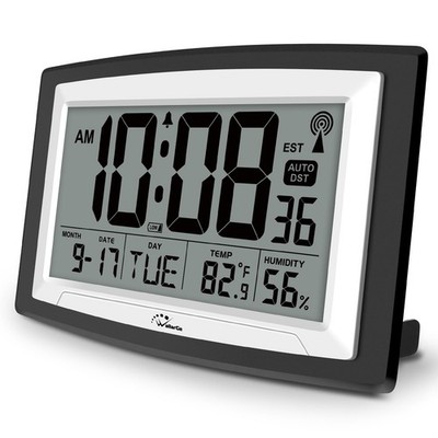 WallarGe 12.5 Inch Atomic Clock with Indoor Temperature Large, Black, White