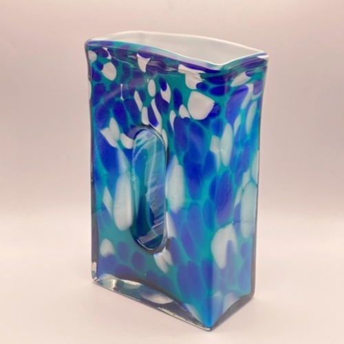 Vtg Murano Rectangle Blue Vase Large 10” Cased Art Glass Donut Hole Dual-Chamber - Picture 7 of 24