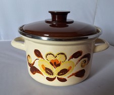 Vintage Sanko Covered Stockpot 1 Quart 1970s Country Flowers Porcelain Enameled