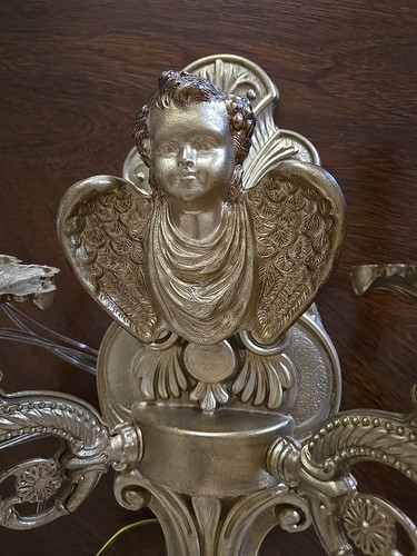 Wall Sconce Candle Holder Candelabra Golden Metal 2 Arm Ornate Angel Electric - Picture 3 of 22