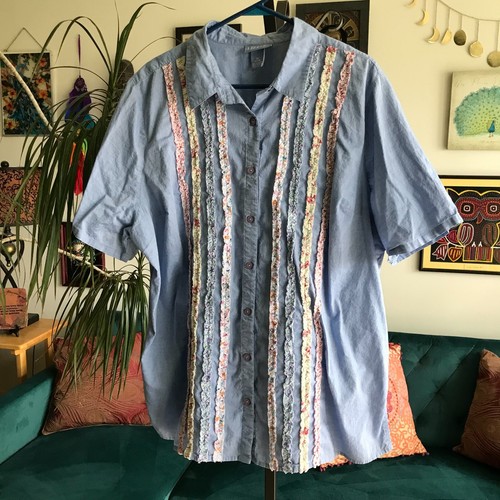 LIZ & ME Gr. 2X Chambray blau Baumwolle Blumenmuster Rüschen Cottagecore Shirt