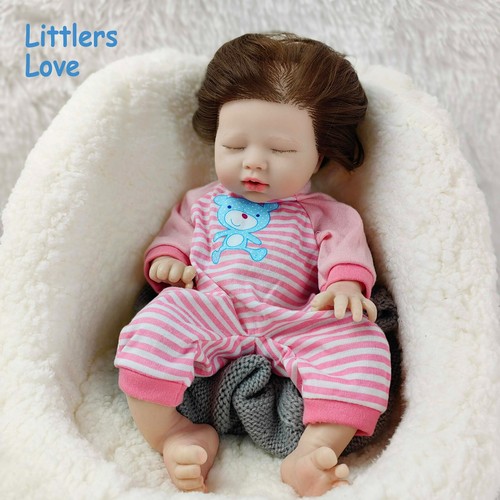 13'' Full Silicone Reborn Baby Girl Eyes Closed Brown Hair With Drink and Wet - Picture 1 of 9