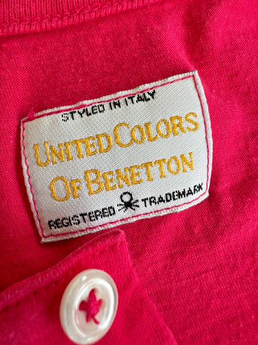 Vintage United Colors of Benetton Uomo Taglia Large 100% Cotone Henley Rosa Elettrico - Foto 3 di 6
