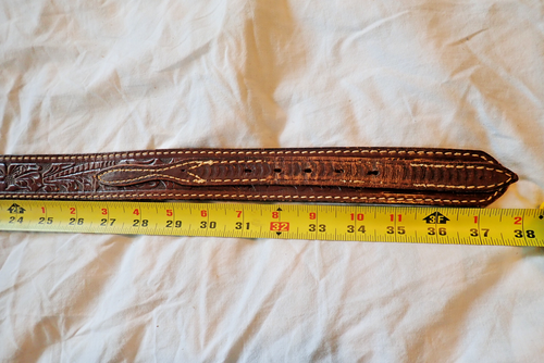 Vintage USA made JUSTIN buckle belt 34 brown COWHIDE Tooled Western RANGER - Picture 7 of 9