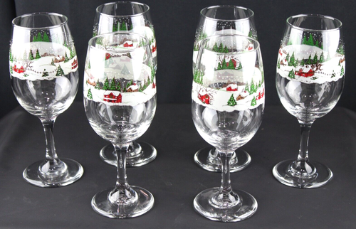 6 Libbey Wasser Weinkelche Stiele Winterdorf Schnee Schlitten Gläser Weihnachten - Bild 5 von 5