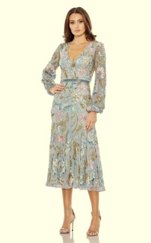 Mac Duggal Platinum Floral Sequin Long Sleeve A-Line Cocktail Dress Size 16 $598