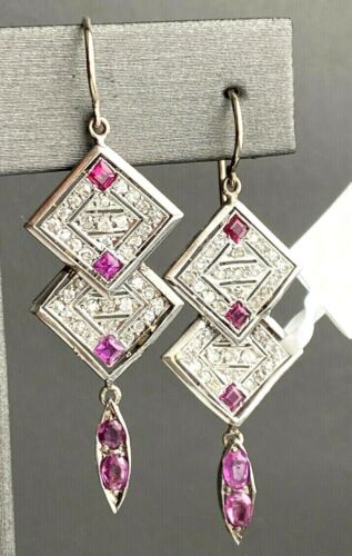 Art Deco Ruby Diamond Platinum 14K White Gold Dangle Earrings Geometric Pierced - Picture 4 of 24