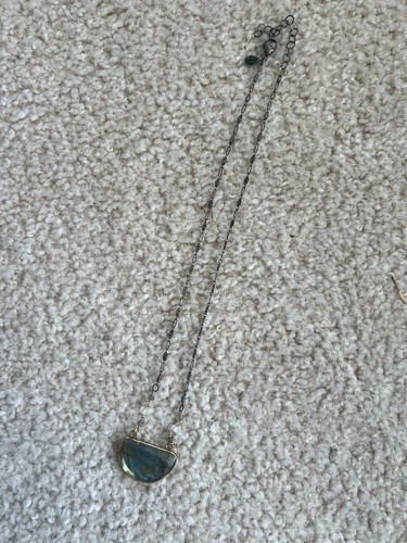 Labradorite Half Moon Pendant Necklace – Boho Brass Chain & Gem Accents, 18" - Picture 3 of 6