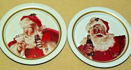 COKE COASTERS SET 6 COCA COLA METAL SANTA CLAUS WHITE GOLD CHRISTMAS VINTGE BAR* - Picture 3 of 7