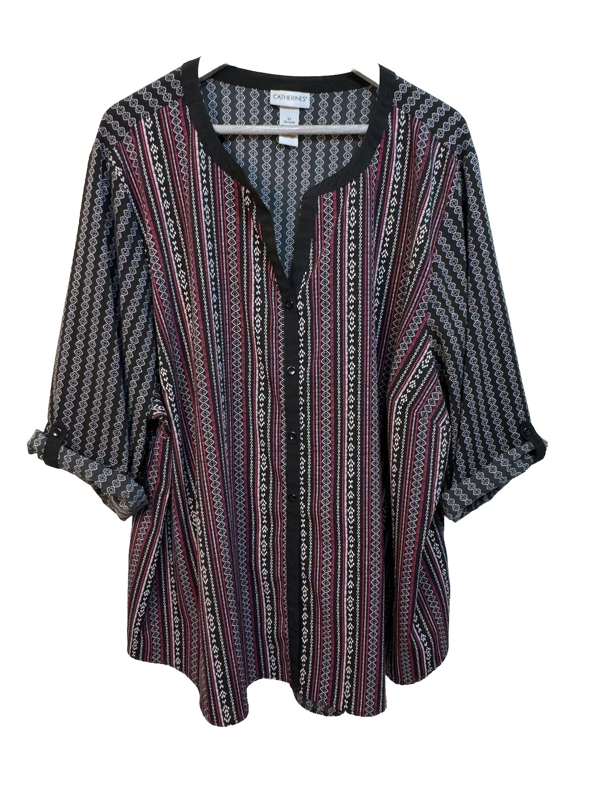 Catherines Size 4X Roll Tab Sleeve Geometric Stri… - image 1