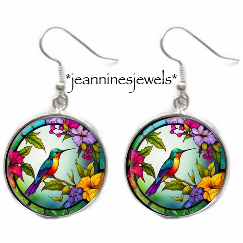 Faux Stained Glass Hummingbird Earrings Spring Art Print Silver Charm Dangle - Picture 12 of 12