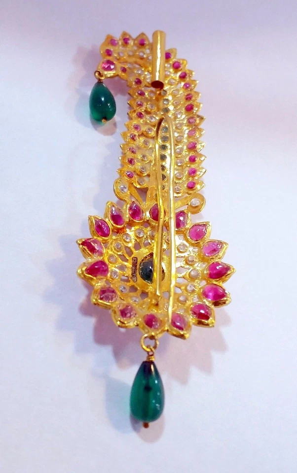 VINTAGE REAL RUBY, EMERALD & CZ  22K YELLOW GOLD BROACH PIN PUNJABI TURBAN GIFT  - Image 2 of 3