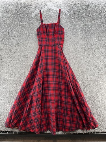 VTG 50s Maurice L Rothschild Dress Women XS Red Tartan Plaid Wool Fit Flare Gown