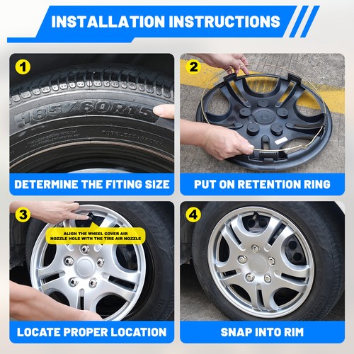 14" Set of 4 Silver Wheel Covers Snap On Full Hub Caps fit R14 Tire & Steel Rim - Picture 8 of 12