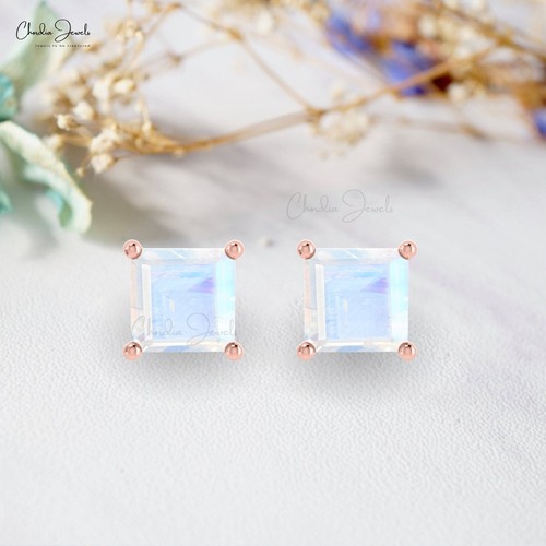 Dainty 4mm Square Cut Moonstone Solitaire Stud 14K Solid Gold Earrings For Women - Picture 17 of 22