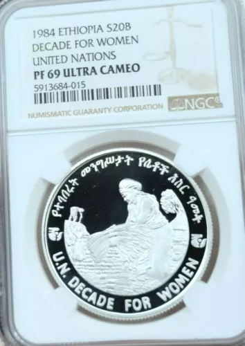 1984 ETHIOPIA SILVER 20 BIRR DECADE FOR WOMEN NGC PF 69 ULTRA CAMEO TOP POP !!!