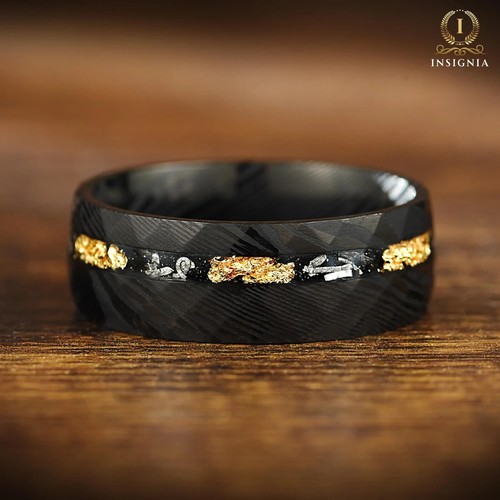 Black Marriage Ring With Meteorite & Damascus Steel – Unique Men’s Promise Band - Picture 4 of 9