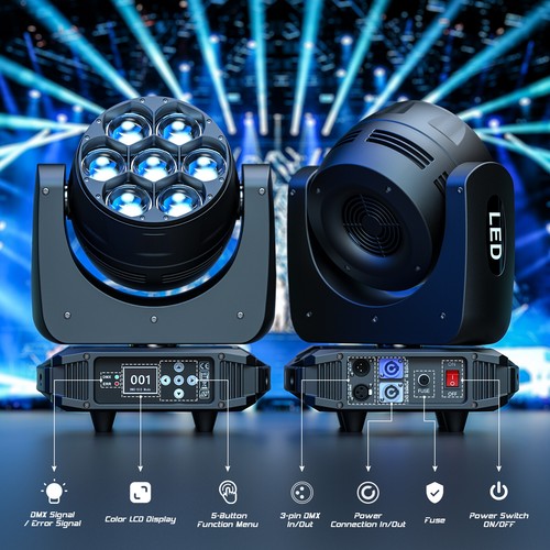 Moving Head Light 7x40W RGBW Beam/Wash/Zoom Effect DMX LED DJ Xmas Party Stage - Picture 6 of 11