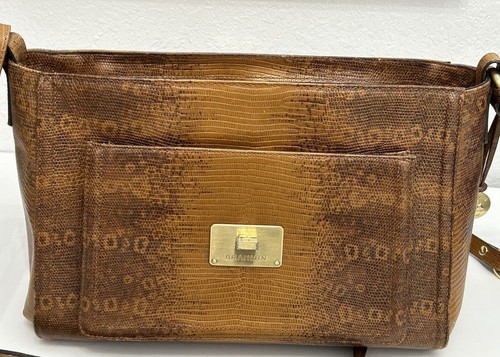 Brahmin Oxford Flap Turn Lock Embossed Brown Leather Satchel Crossbody Purse - Picture 12 of 24