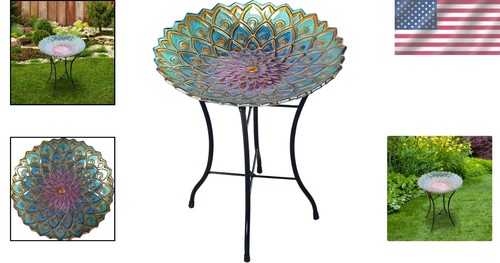 Sturdy 21" Handpainted Flower Glass Bird Bath with Folding Stand for Outdoor Use - Foto 2 di 11