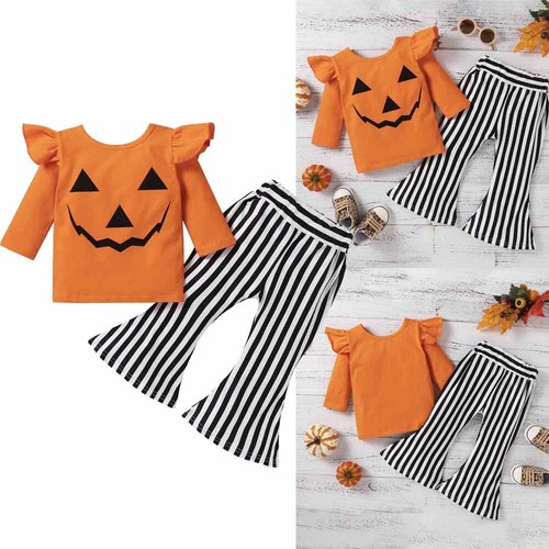 Baby Girls Suit Halloween Long Sleeve Rufflr Tops Pumpkin Print Flare Pants Set