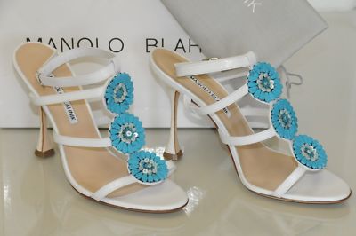 $895 NEW Manolo Blahnik ZIONITA White Turquoise Beaded Sandals Shoes 39 39.5 40