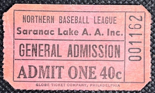 Vintage Ticket Northern Baseball League General Admission Saranac Lake NY 1950's
