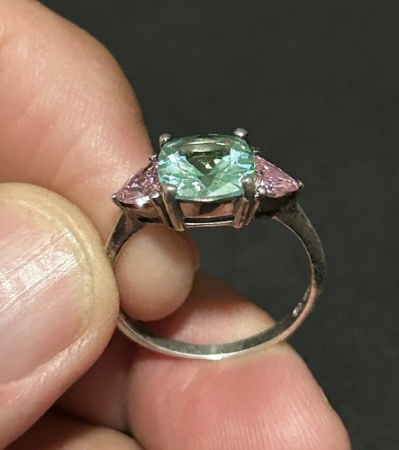 AVON Sterling 925 URANIUM Glass Ring Green Spinel & Pink Cubic Zirc SZ 10 Vtg - Picture 4 of 13
