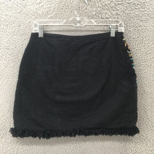 H&M Embroidered Beaded Fringe Mini Skirt Womens 8 Black Aztec Casual Cotton - Picture 5 of 10