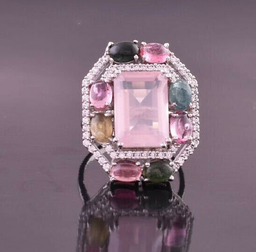 925 Sterling Silver Natural Rose Quartz,Tourmaline Cab Lovely Gift Ring P-1/2 - Picture 3 of 12