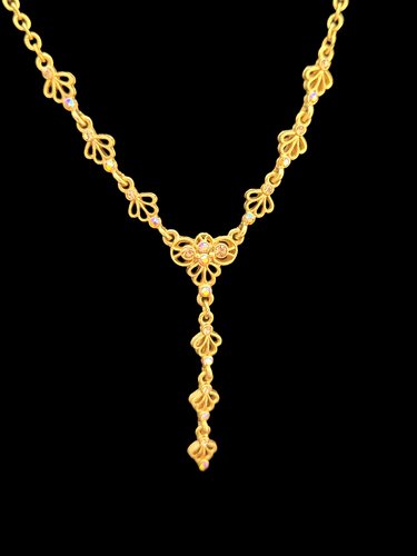 1928 Brand Y Drop Necklace Extender Gold Tone Filigree Aurora Borealis 20" - Picture 2 of 8