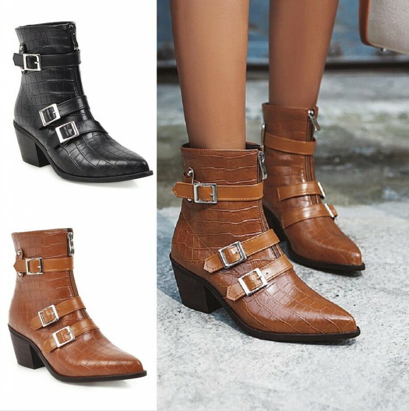 Gr.34-48 Cowboy Biker Damen Ankle Stiefel Schnalle Spitz Blockabsatz Stiefeletten Gr.34-48 Cowboy Biker Damen Ankle Stiefel Schnalle Spitz Blockabsatz Stiefeletten