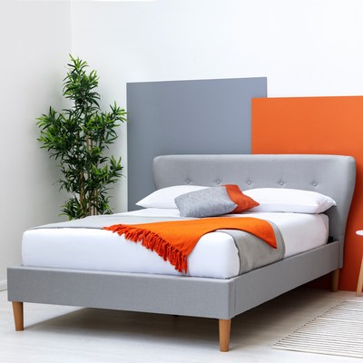 Modern Grey Fabric Bed Frame Curved Winged Wingback Headboard Double King Size Modern Grey Fabric Bed Frame Curved, Grey Fabric King Size Bed Frame