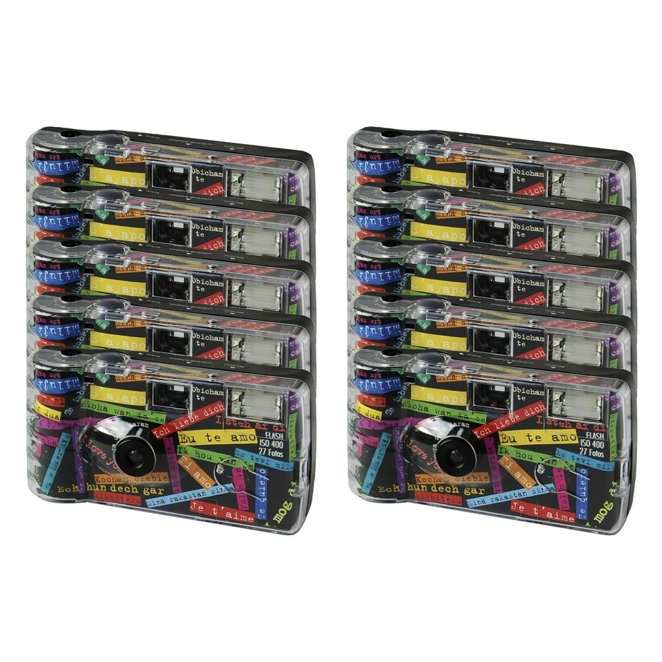 MARKENLOS 10x Einmalkamera Love-Story 400 ASA 27 Aufnahmen mit Blitz Hochzeit schwarz
