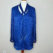 BOB MACKIE Wearable Art Blouse L Blue Silk Blend Burnout Velvet Top Beaded Scarf