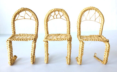 3 Dollhouse Miniature Straw Woven Chairs 3'' Patio Decor