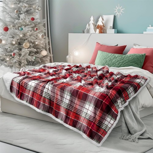 X'mas Red White Plaid Sherpa Fleece Throw Soft Flannel Sofa Blanket, 60'' x 80'' - Picture 6 of 8