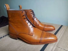 New Handmade Men's Tan brogue cape toe ankle boots, Men tan color leather boots