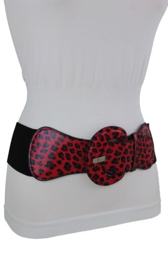 Women Wide Red Faux Leather Corset Elastic Belt Band Leopard Animal Print M L XL - Picture 18 of 24