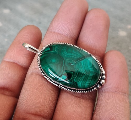 Malachite Pendant 925 Sterling Silver Handmade Pendent Oval Gemstone Shape MO** - Picture 2 of 6